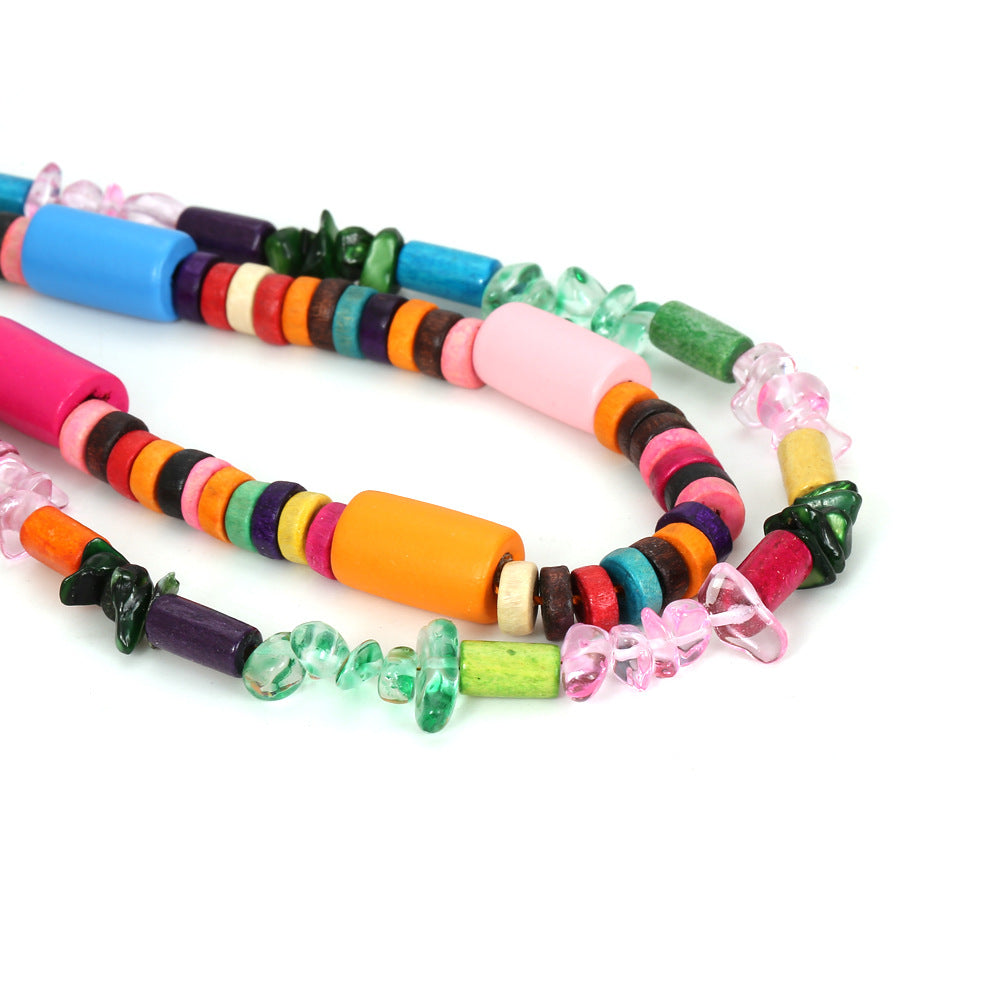 Venta al por mayor Collar de cuentas de colores de doble capa bohemio de madera